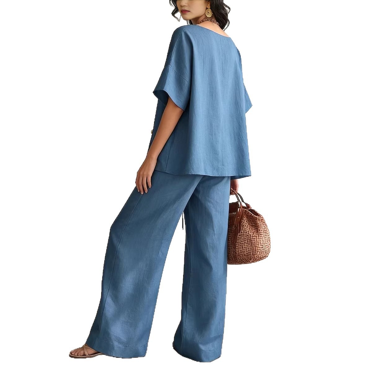 Women's Casual Solid V-Neck Short Sleeve Top and Drawstring Pants Two-Piece Set
