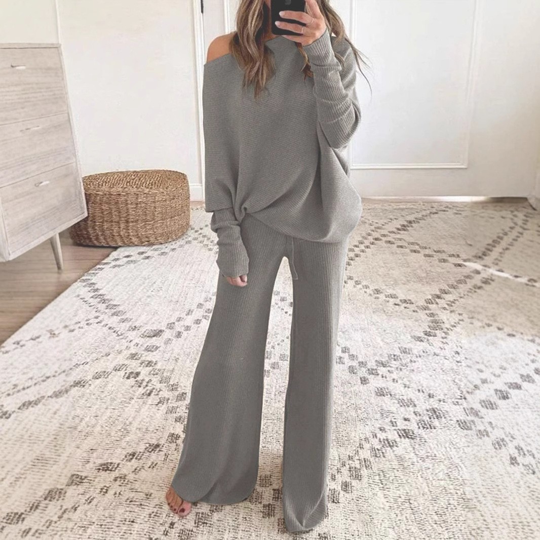Solid Color Batwing Sleeve Drawstring High Waist Wide Leg Knit Two-Piece Pants Set