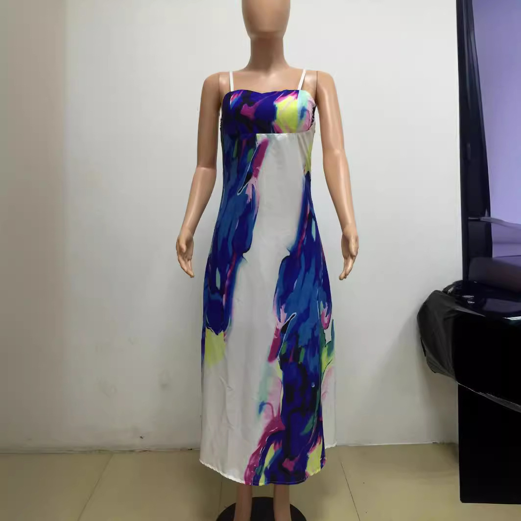 Women's Strapless Off-Shoulder Digital Print Maxi Dress with Waist