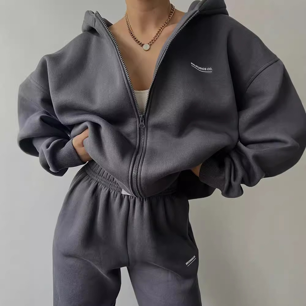 Women's Fleece-Lined Long Sleeve Hoodie and Pants Set with Letter Print