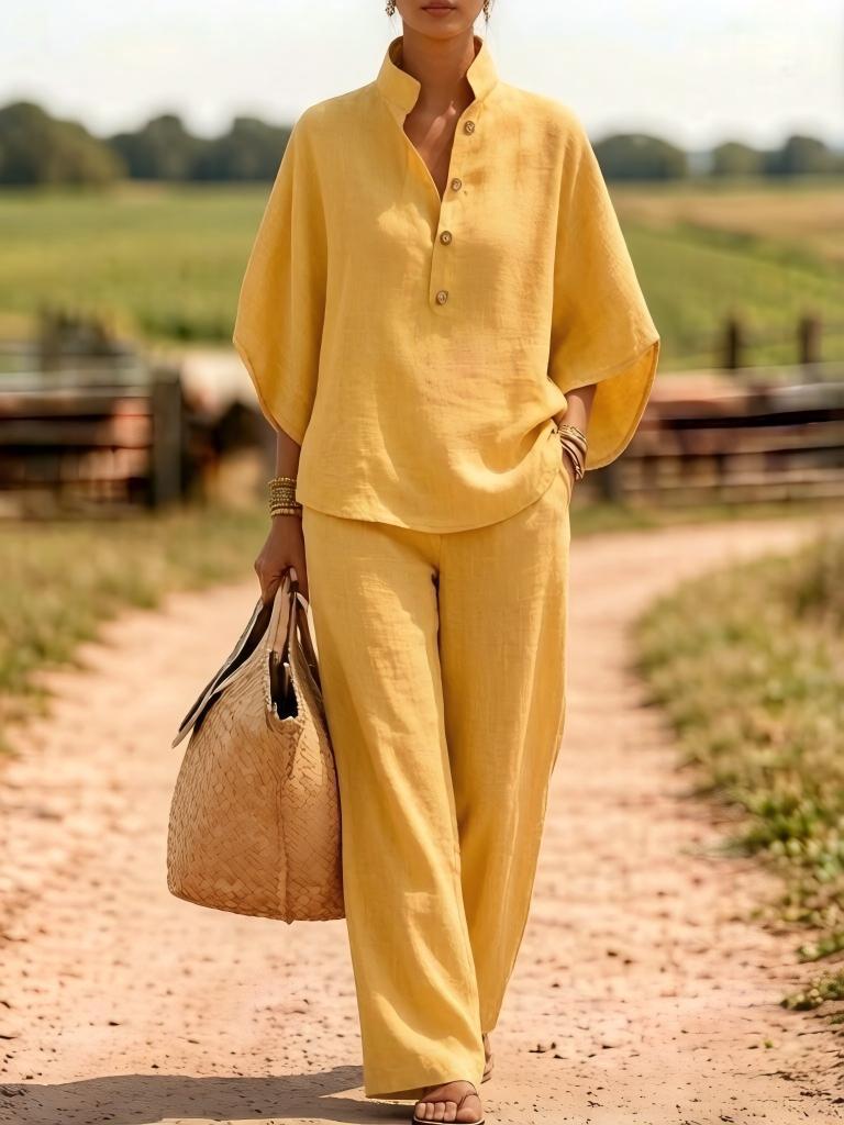 Women's Casual Button Shirt and Wide-Leg Pants Two-Piece Set