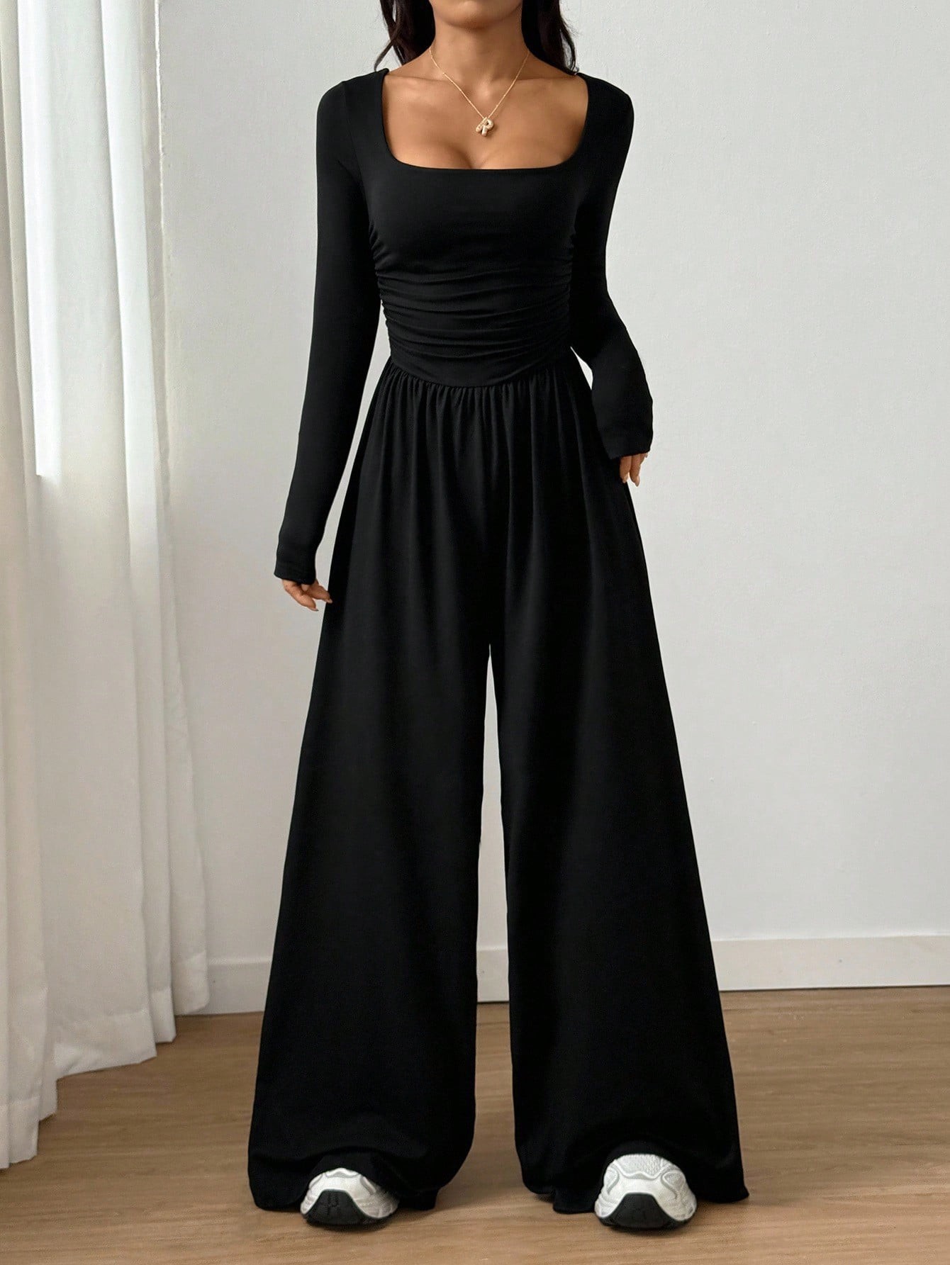 Women's Long Sleeve Square Neck Wide Leg Jumpsuit Solid Color Slimming