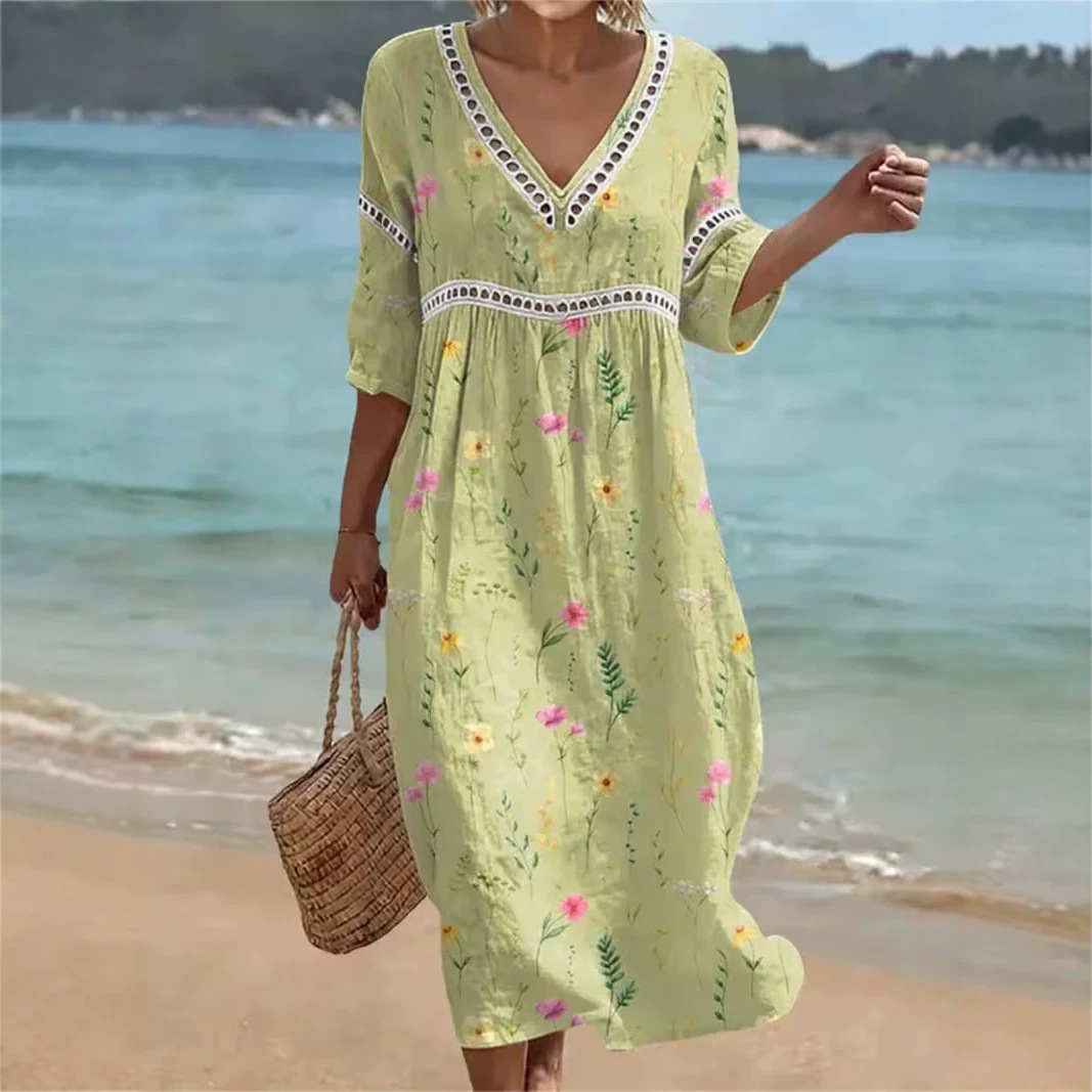 Women's Floral Print Pleated Midi Dress with Deep V-Neck and Five-Quarter Sleeves