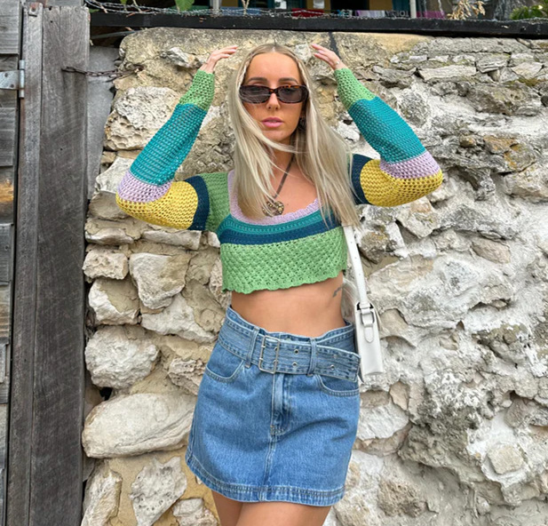 Color-Block Square-Neck Cropped Knit Top