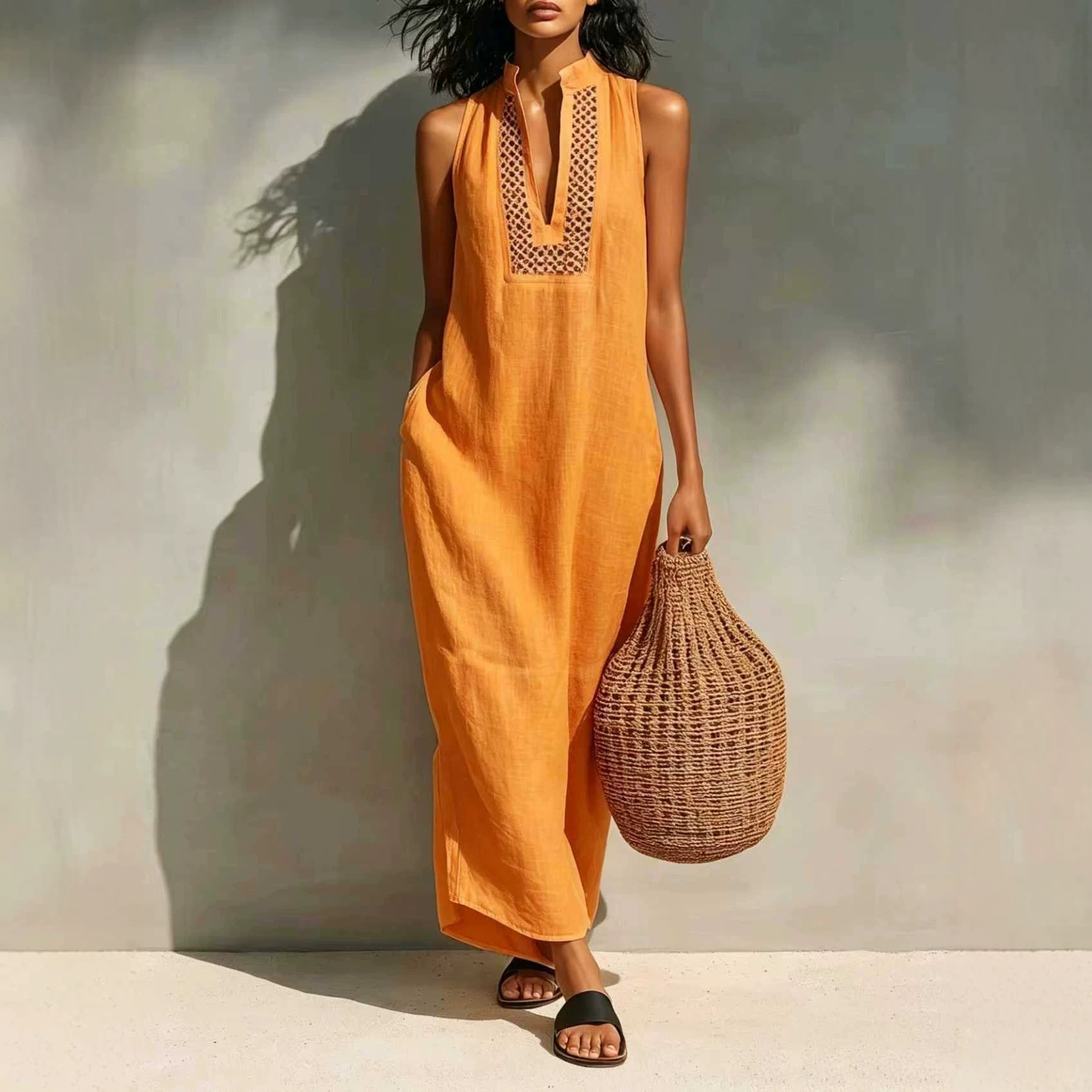 Women's Summer Sleeveless V-Neck Cutout Maxi Dress