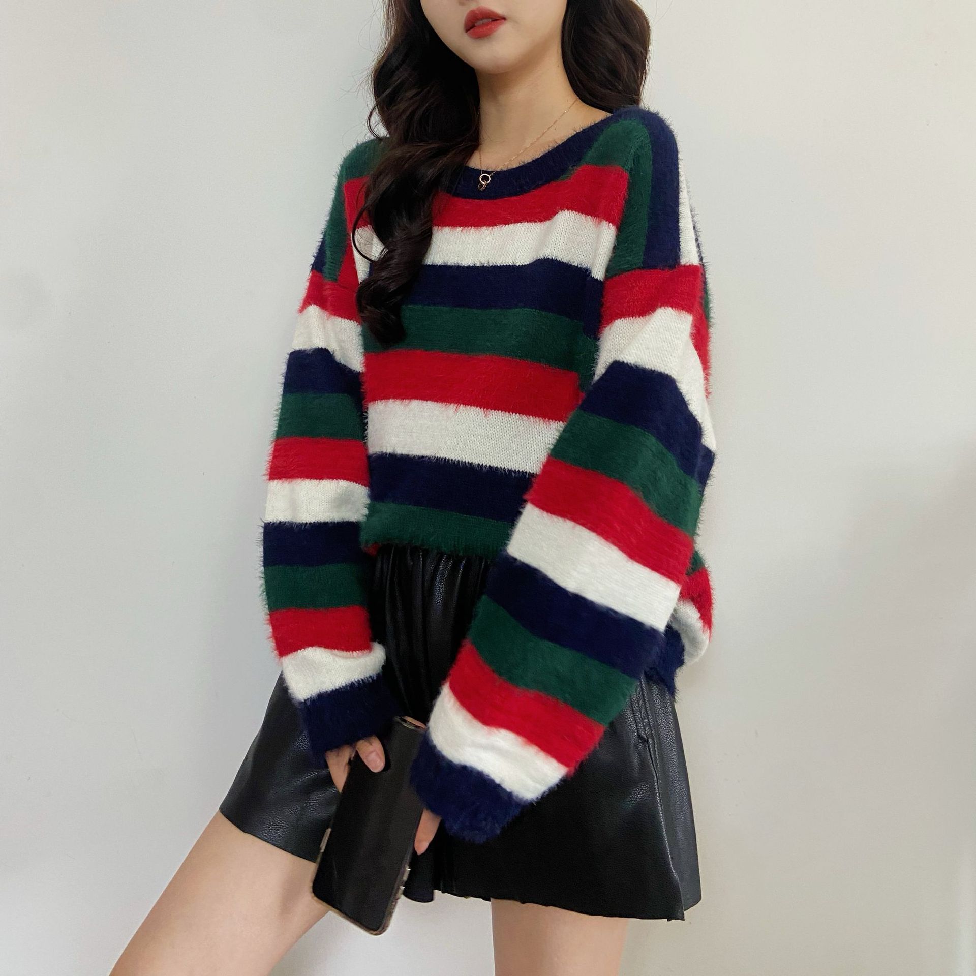 Women's Striped Colorblock Knit Sweater Crewneck Long Sleeve Pullover