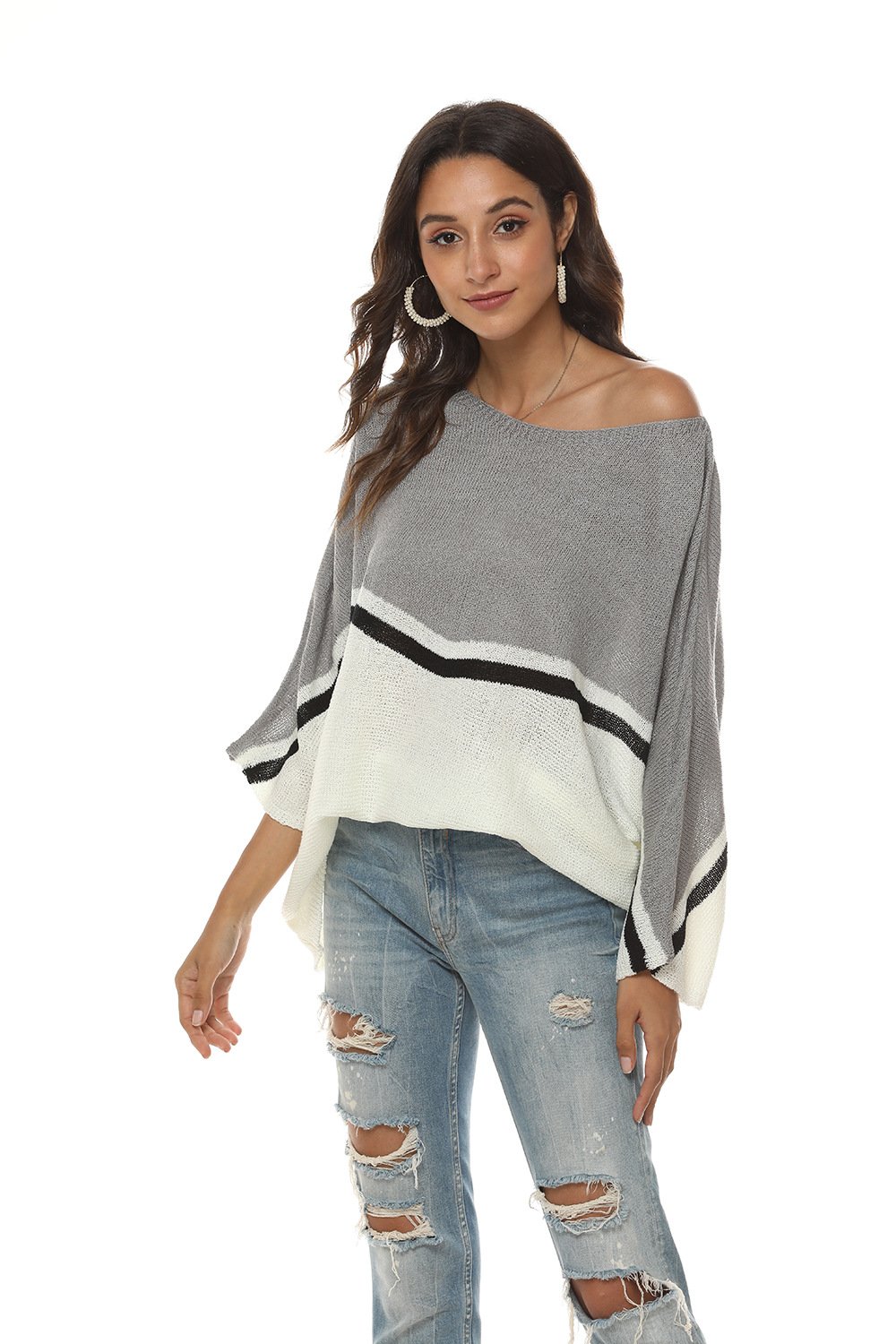 Women's Oversized Knit Batwing Sweater Colorblock Pullover Long Sleeve