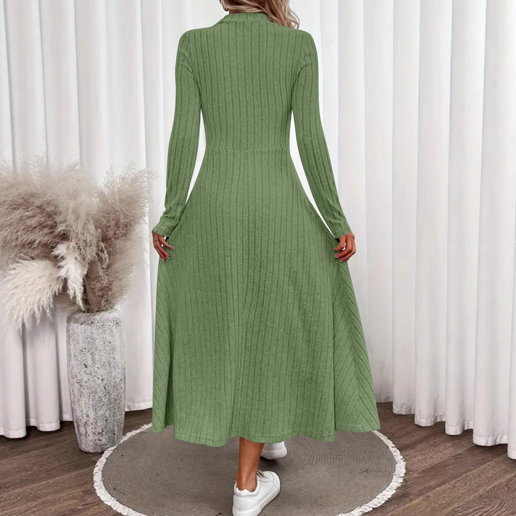 Women's Brushed Ribbed Knit Long Dress Solid Crew Neck A-Line