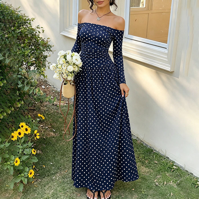 Women's Off-Shoulder Polka Dot Long Sleeve A-Line Dress
