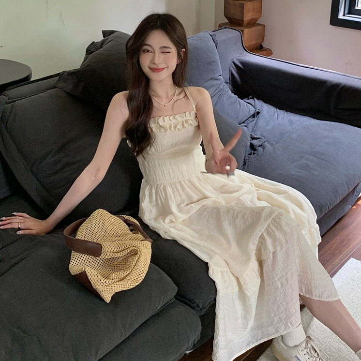 Sweet French Style High-Waist Ruffle Cami Midi Dress