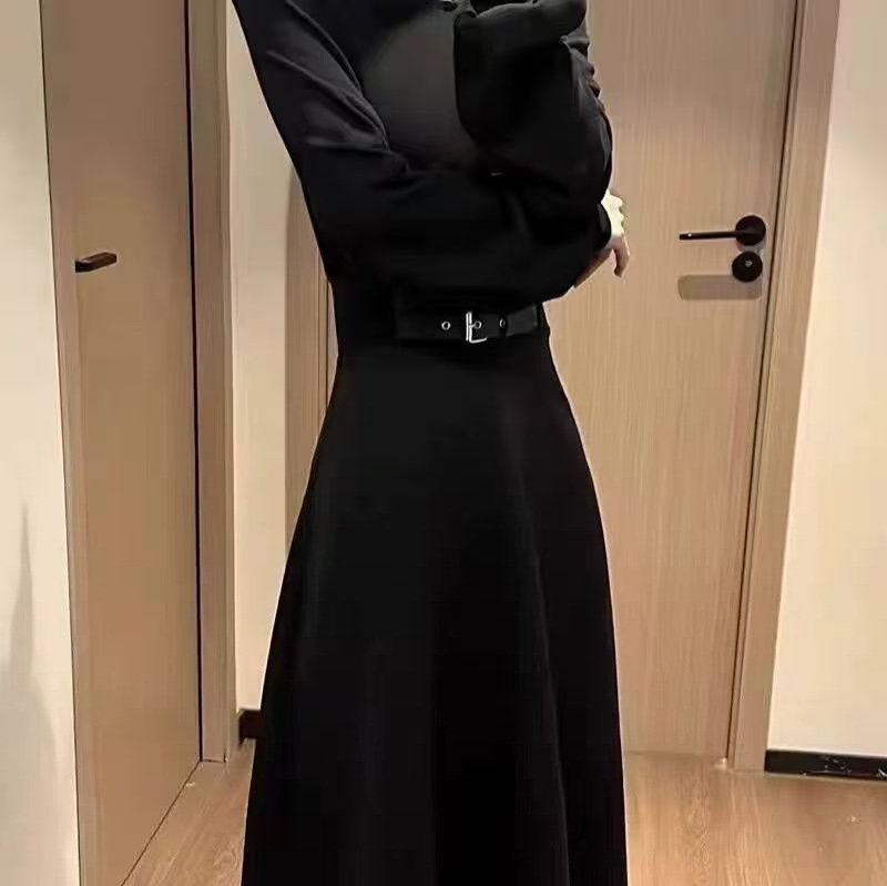 French Hepburn Style Cinched Waist Long Sleeve Black Dress