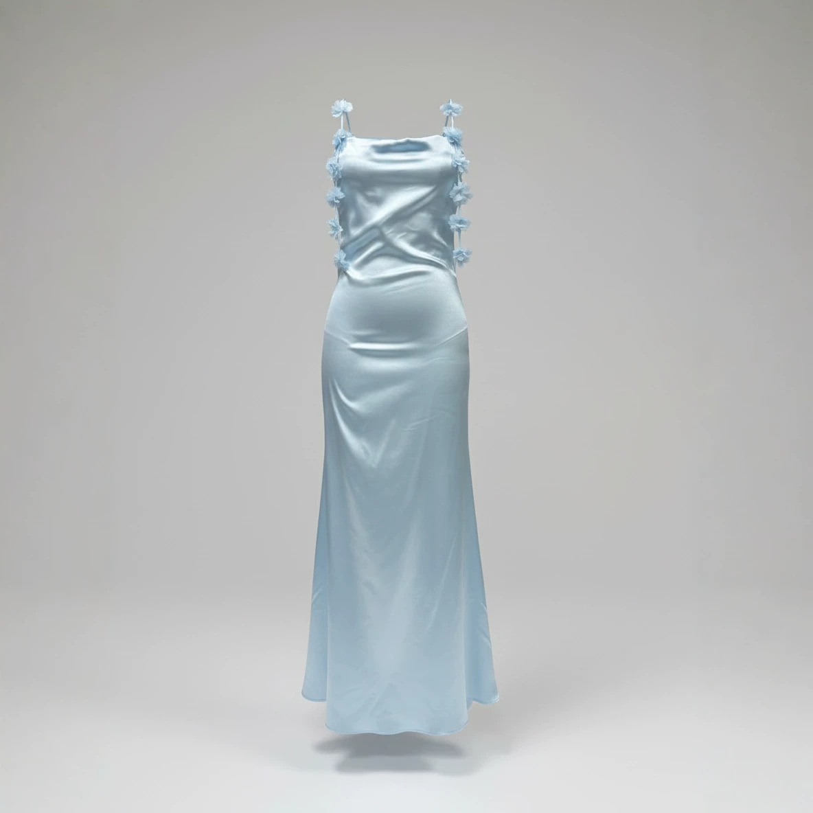 Light Blue Satin Strapless Ruffle Floral Bodycon Long Dress