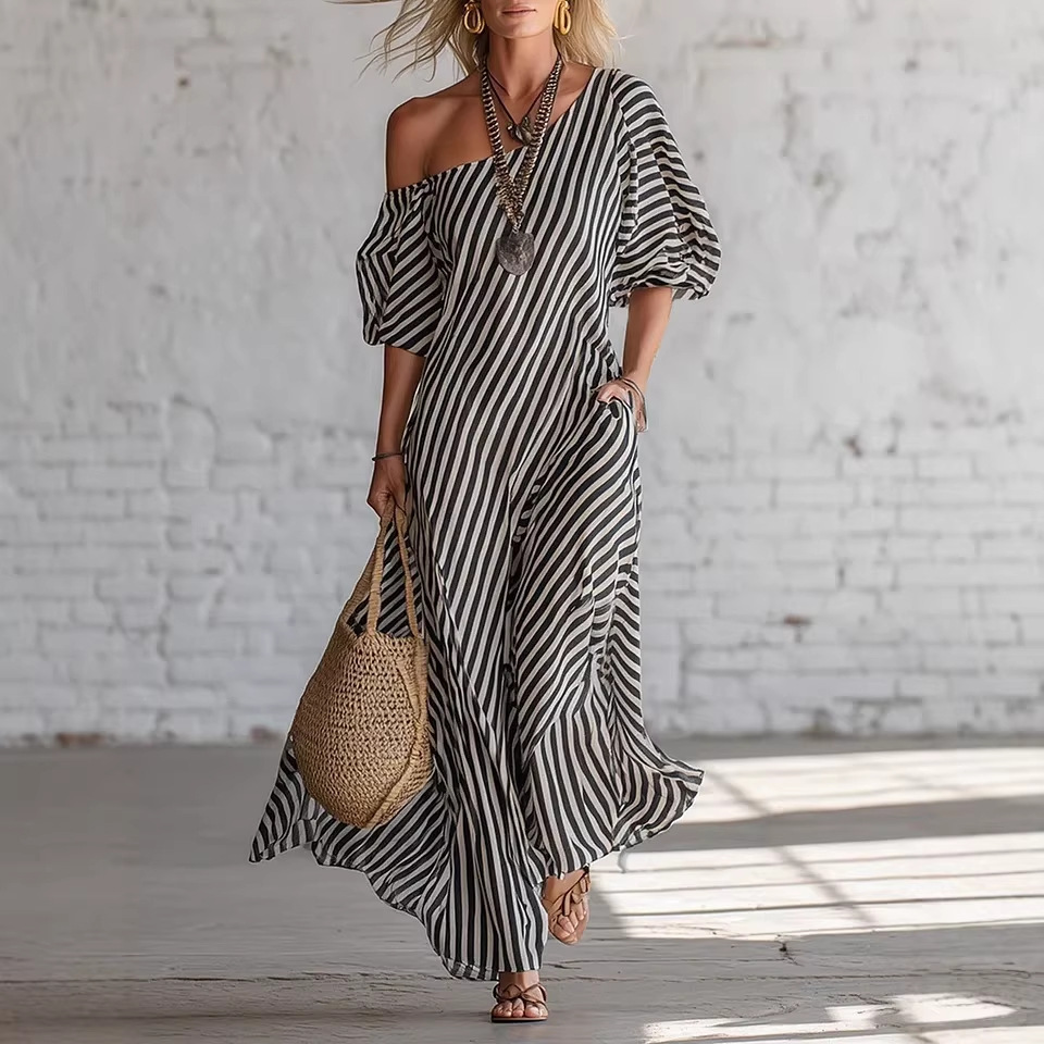 Elegant Striped Off-Shoulder Shirt Dress