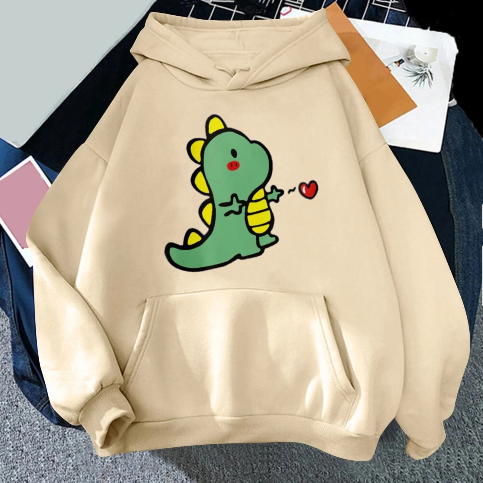 Women's Cartoon Dinosaur Heart Print Hoodie