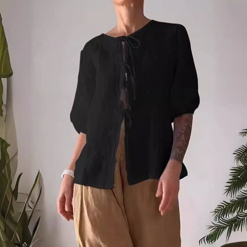 Women's Casual Solid Color Tie-Front Shirt and High-Waist Wide-Leg Pants Two-Piece Set