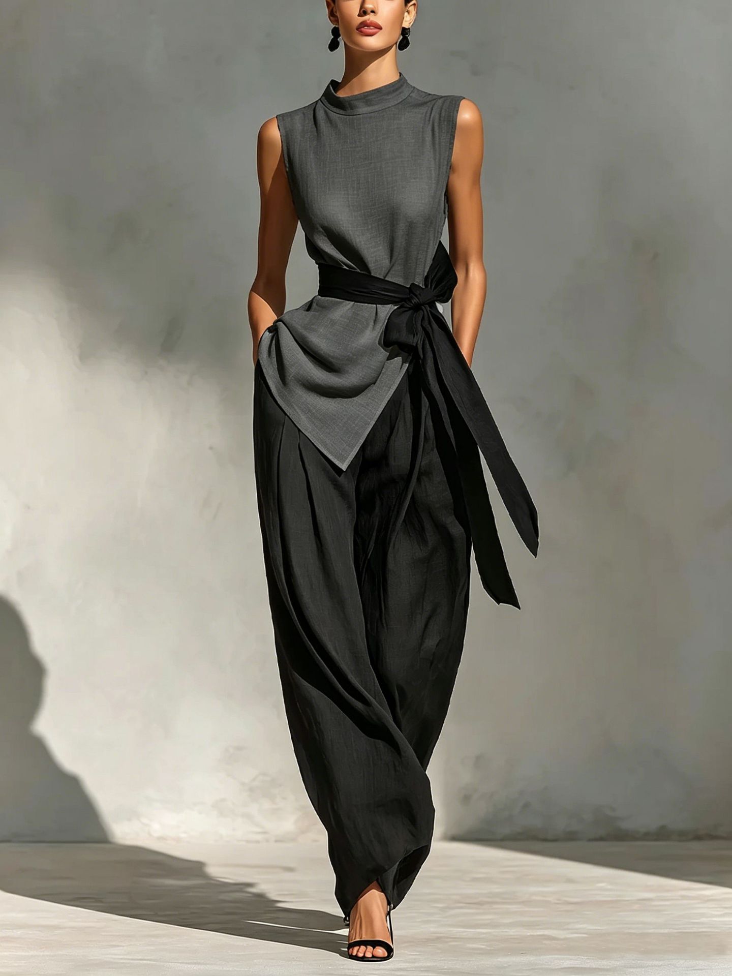 Women's Sleeveless Lace-Up Top and Wide-Leg Pants Two-Piece Set
