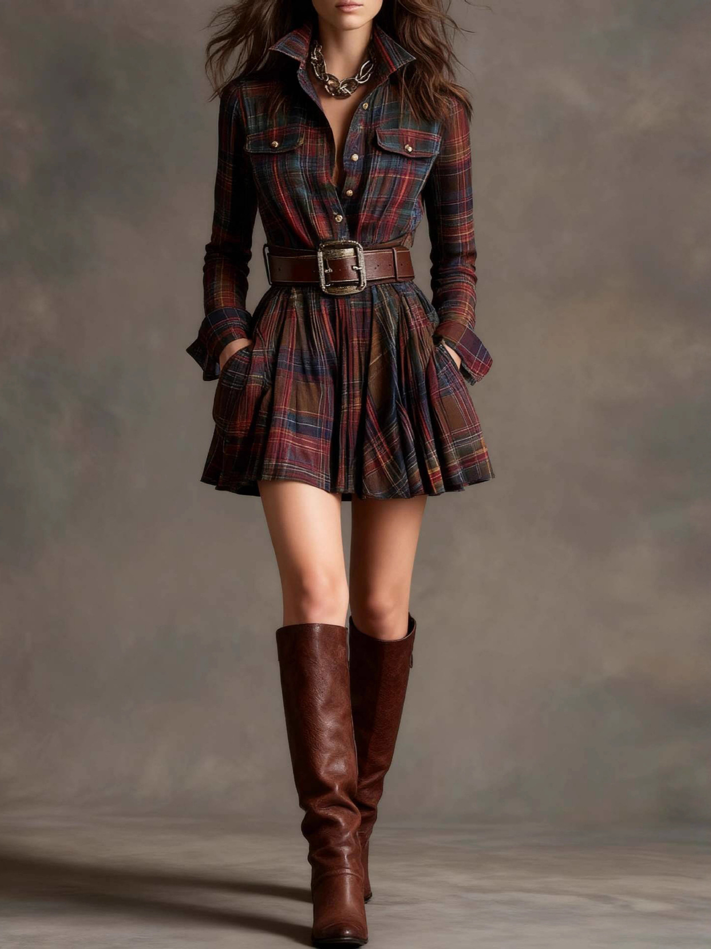 Retro Plaid A-Line Dress with Pockets and Belt