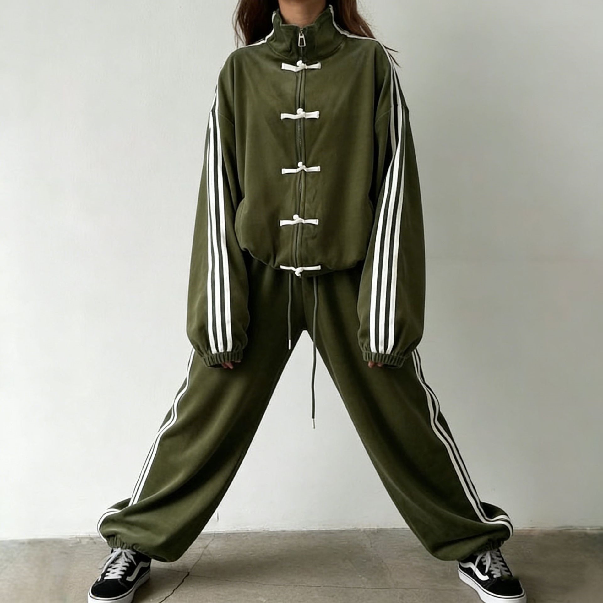 Retro Stand Collar Jacket & Wide-Leg Pants Set with Frog Buttons and Side Stripes