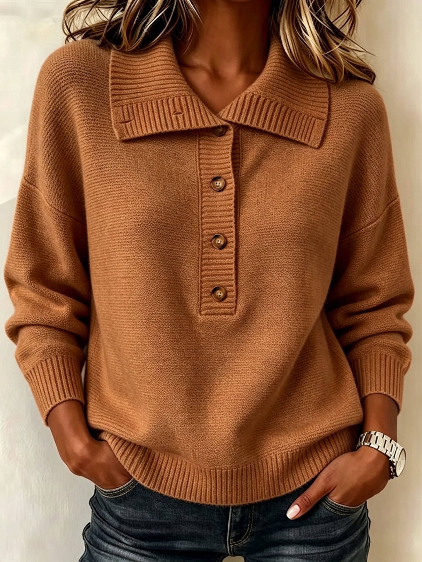 Retro Button Knit Sweater Solid Color Loose Casual Women's Top