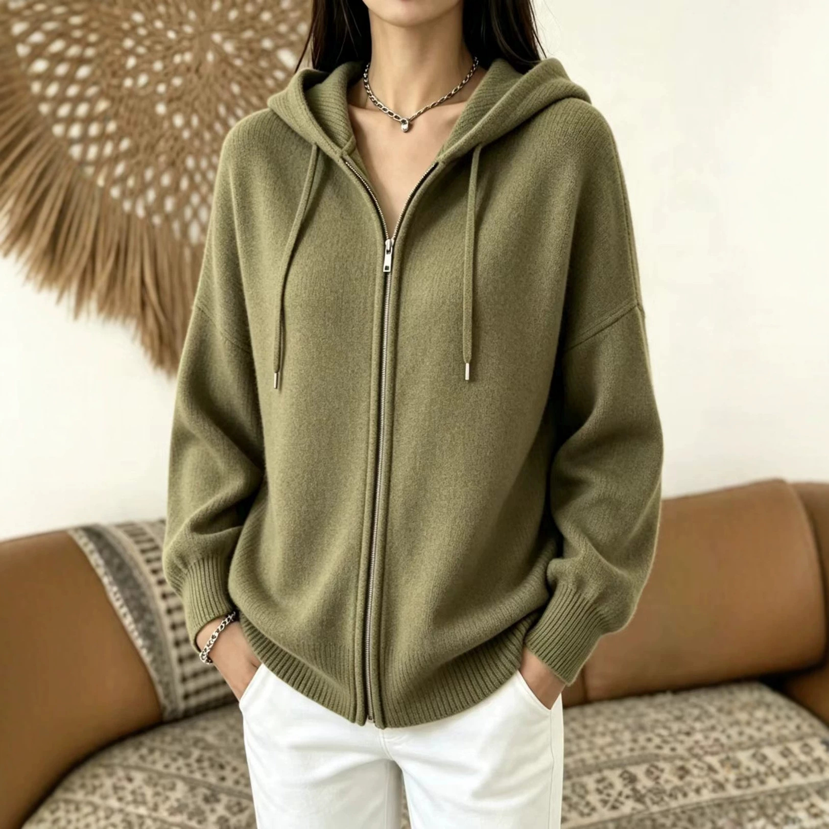 Women's Zip-Up Hooded Knit Cardigan Sweater