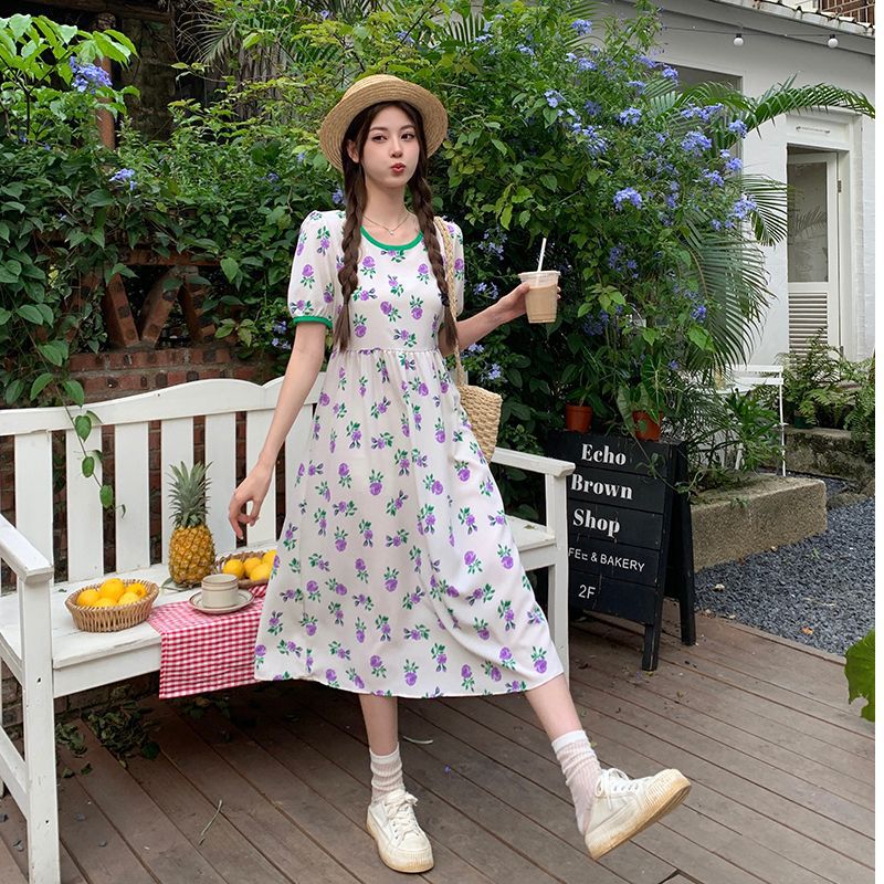 Women's French Tea Break Floral Midi Dress A-Line Short Sleeve Round Neck Elastic Waist