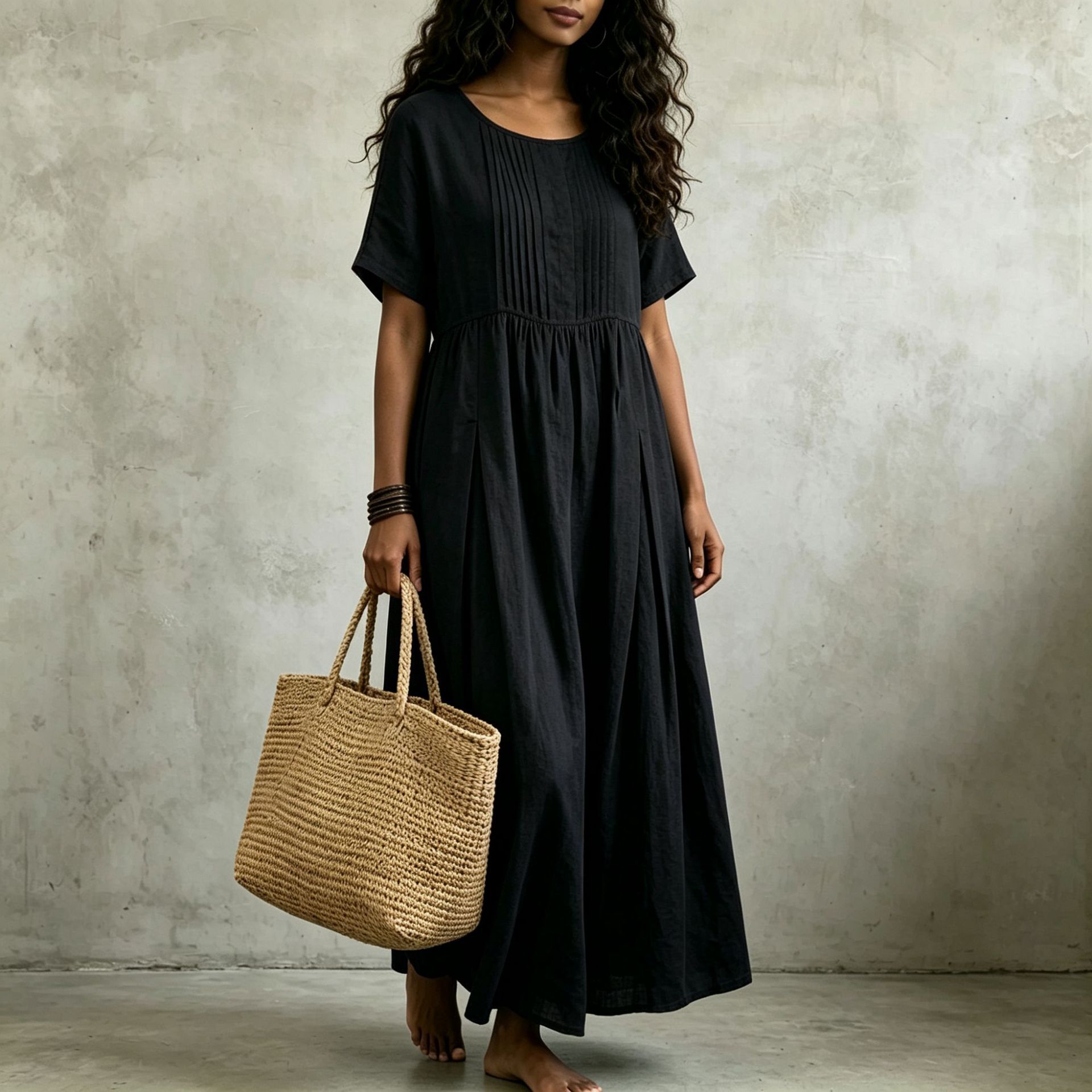 Women's Cotton Linen Short Sleeve Midi Dress Pleated Loose Solid Color