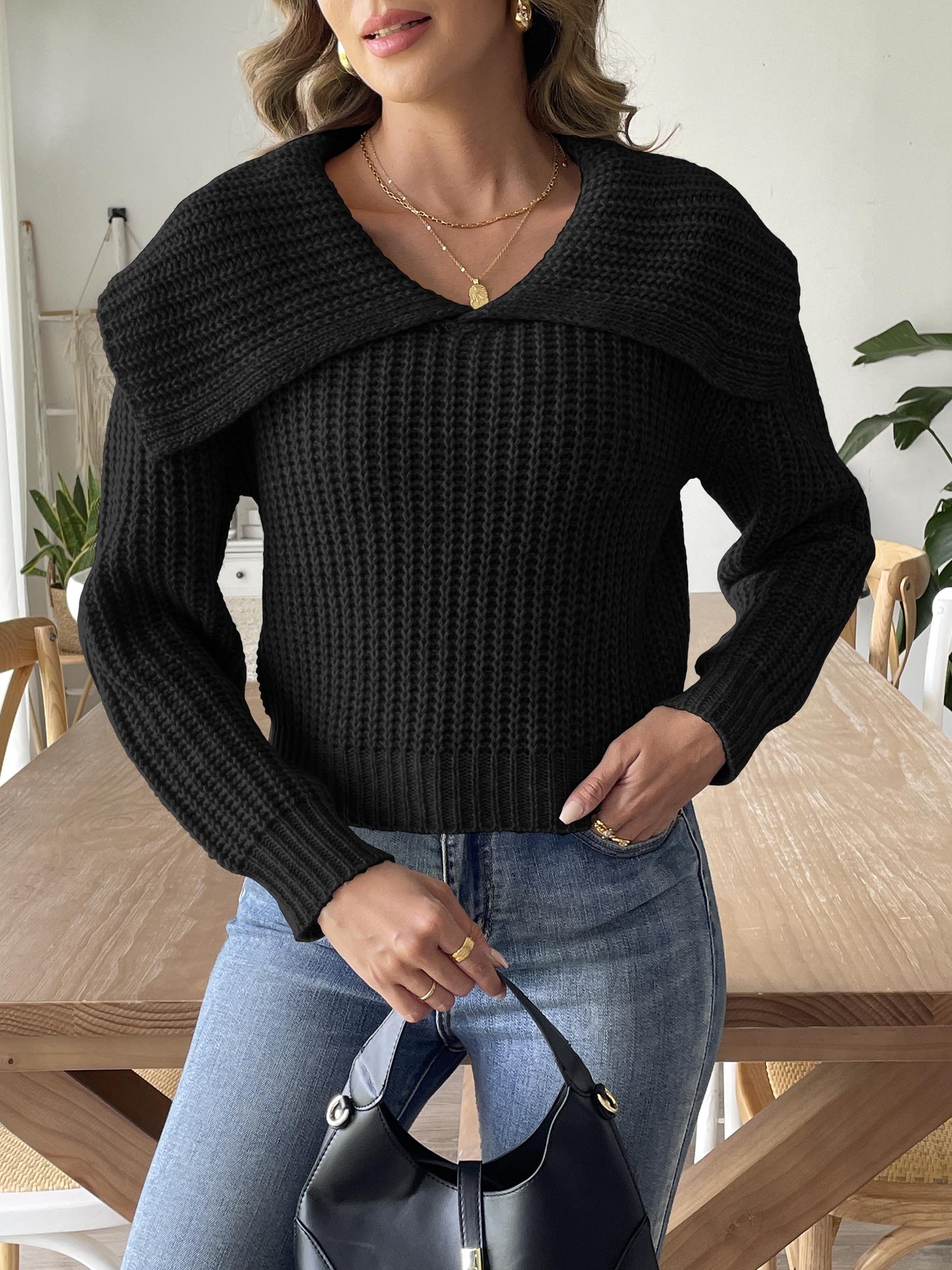 Women's Cropped Woven Sweater with Large Lapel Collar