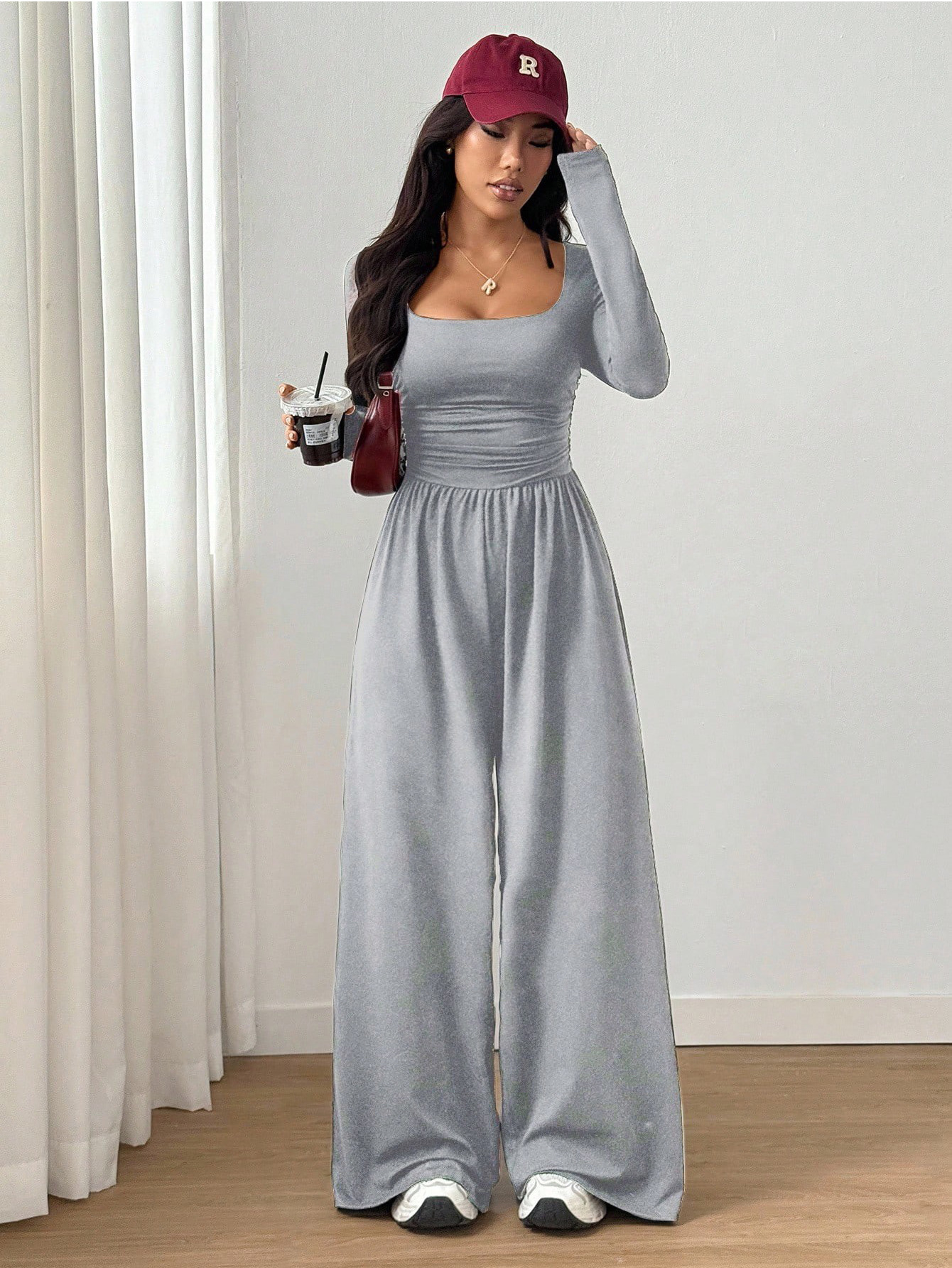 Women's Long Sleeve Square Neck Wide Leg Jumpsuit Solid Color Slimming