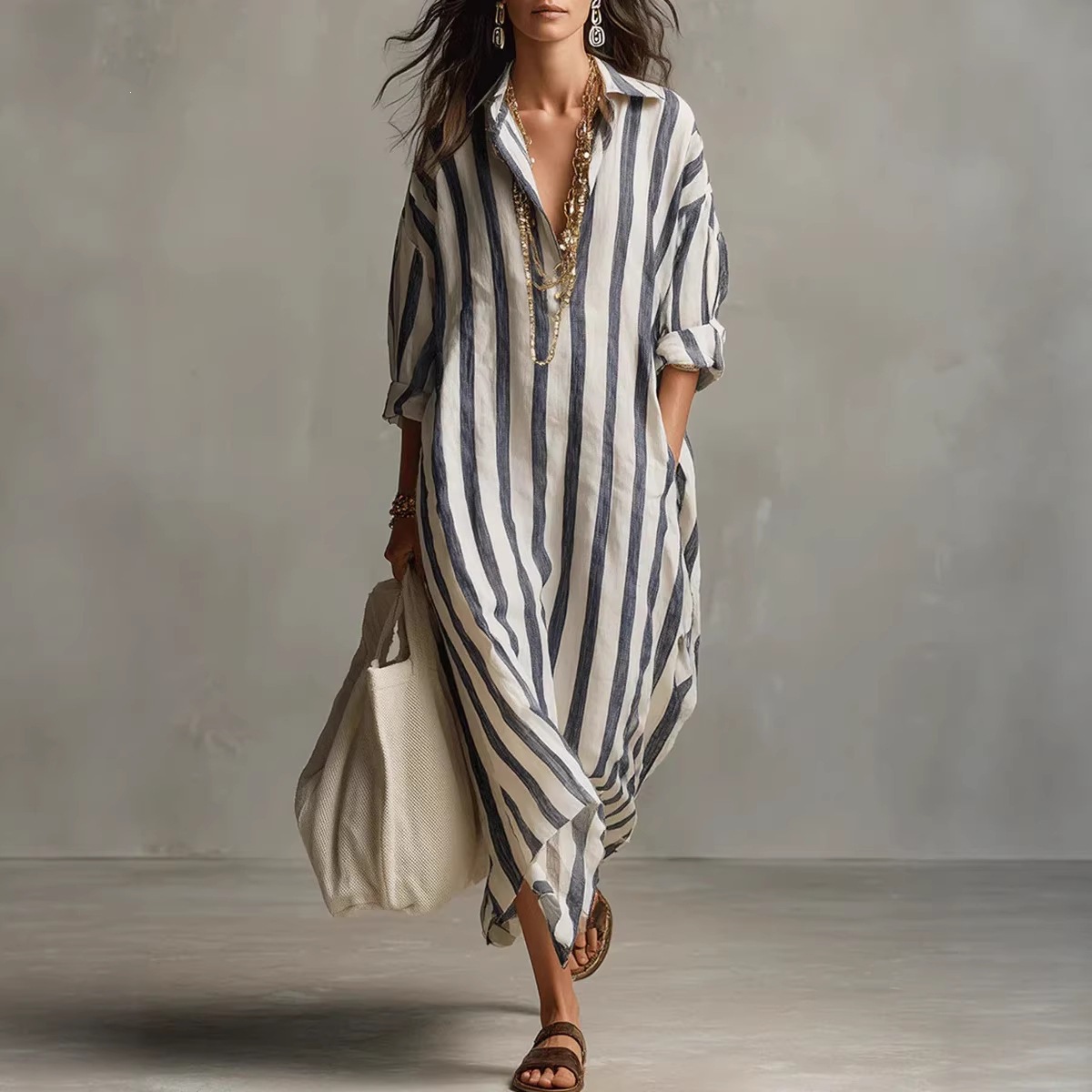 Women's Loose Long Striped Shirt Dress with Nine-Tenth Sleeves