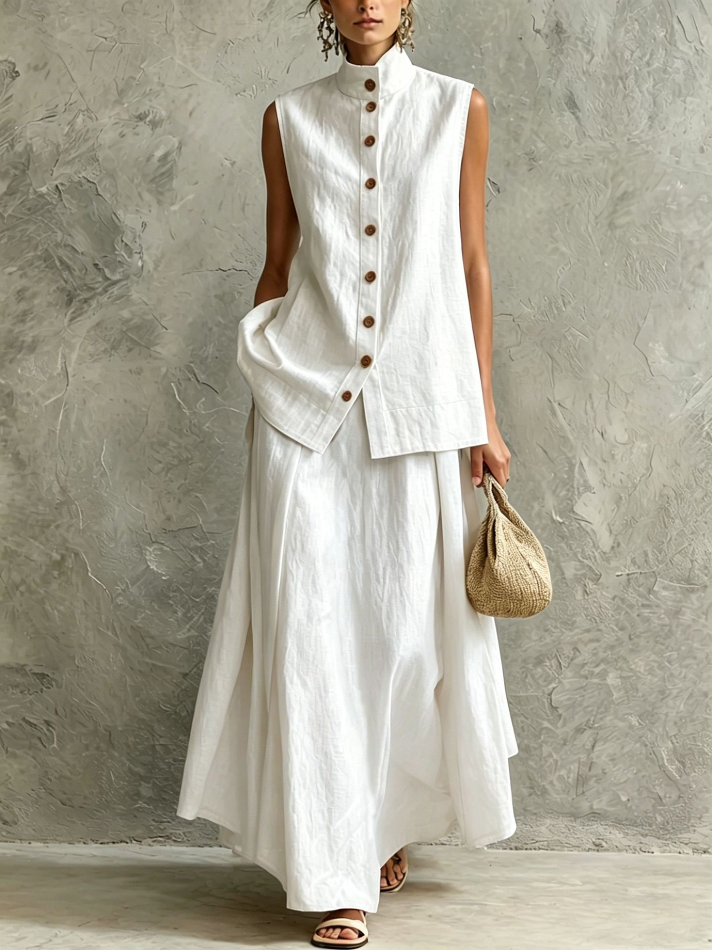 Women's Solid Color Button-Down Shirt and Midi Skirt Set