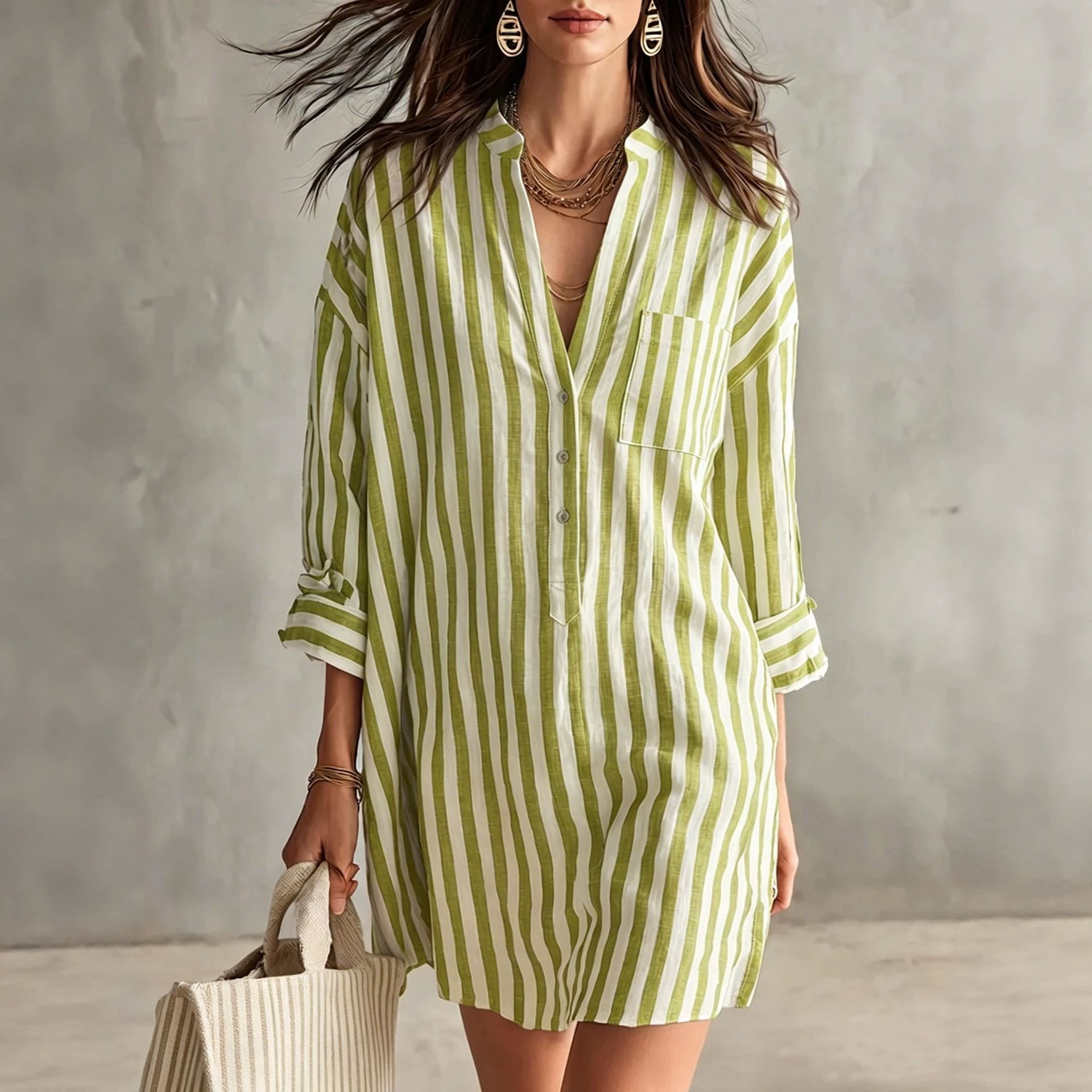 V-Neck Striped Shirt Dress Casual High Waist Midi