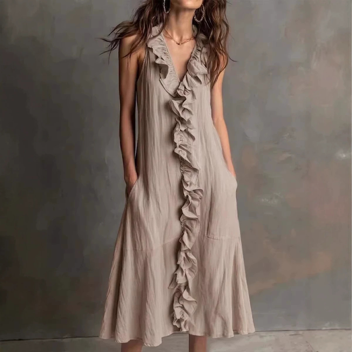 Women's Sleeveless V-Neck Ruffle Hem Maxi Dress Solid Color