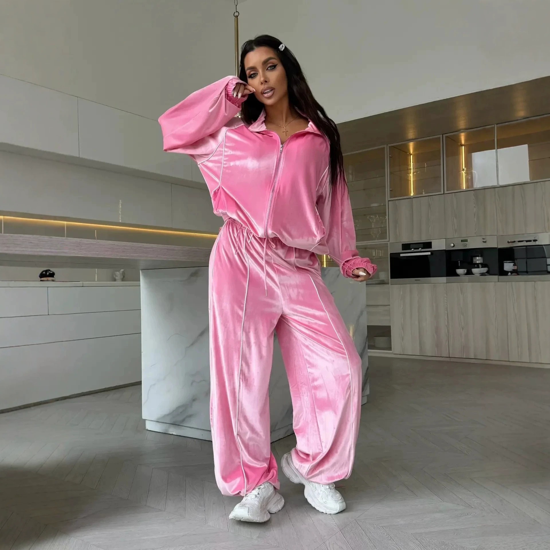 Velvet Striped Track Set with Zip-Up Stand Collar Jacket and Drawstring Wide-Leg Pants