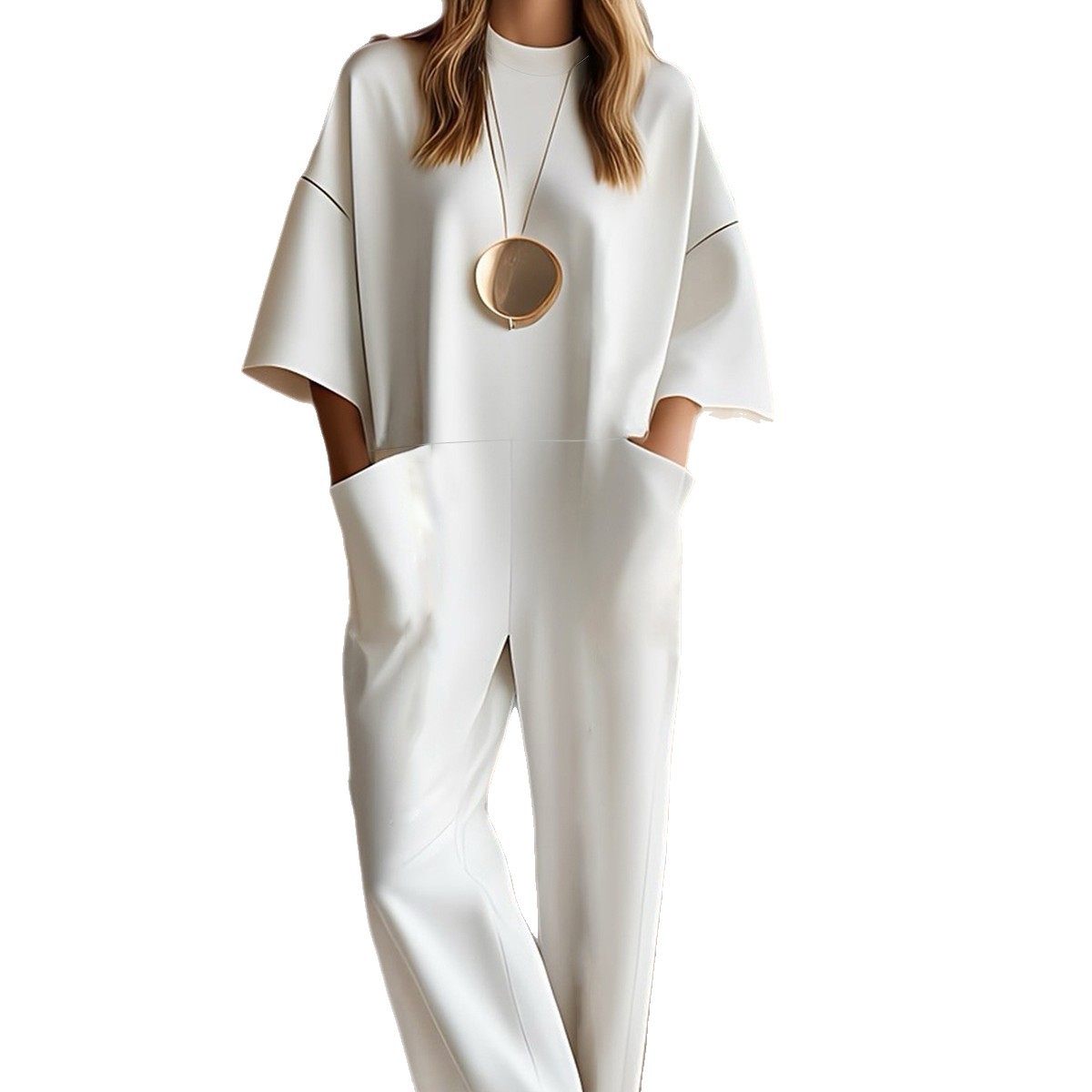 Women's Crewneck Half-Sleeve Pocket Solid Color Long Jumpsuit