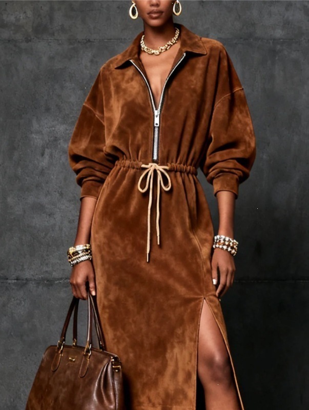 Western Style Retro Half-Zip Drawstring Waist Midi Dress with Slit