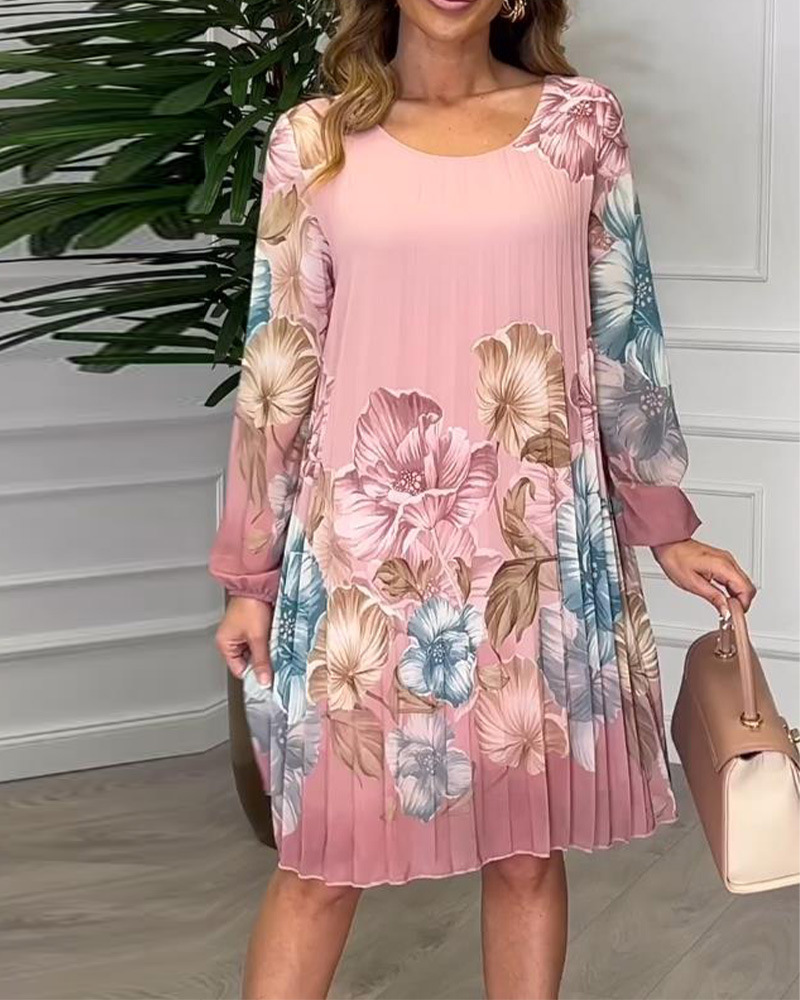 Elegant Round Neck Puff Sleeve Pleated Print Midi Dress
