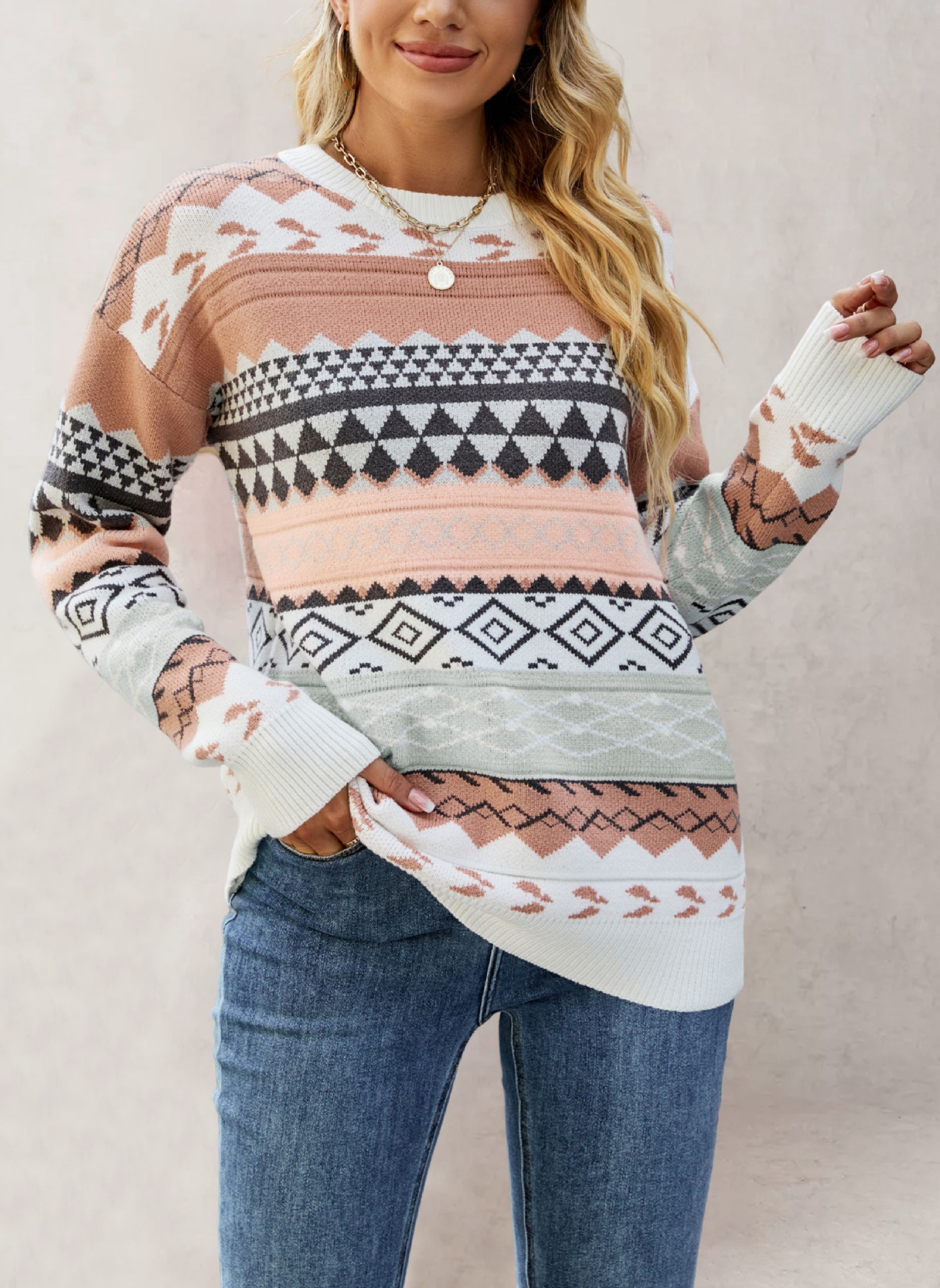 Women's Argyle Jacquard Color-Block Knit Pullover Sweater
