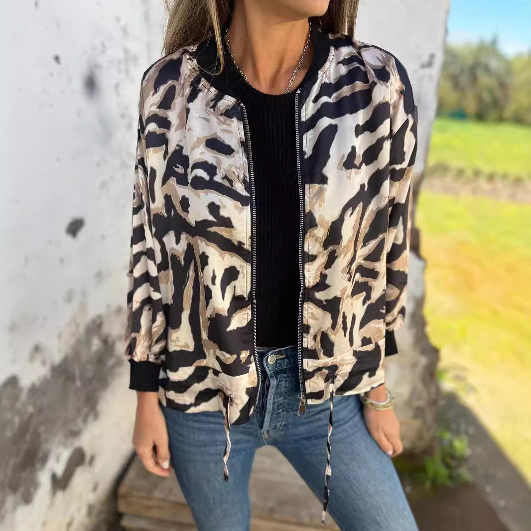Women's Zip-Up Bomber Jacket Animal Print Casual