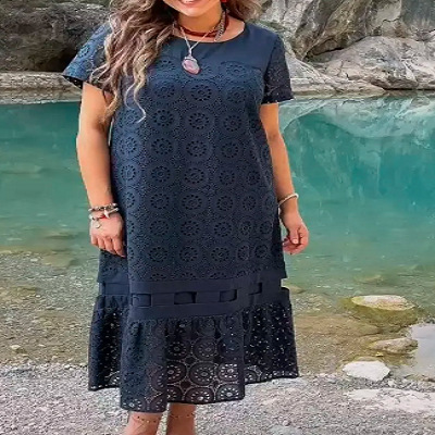 Women's Geometric Print A-Line Midi Dress Short Sleeve Crew Neck