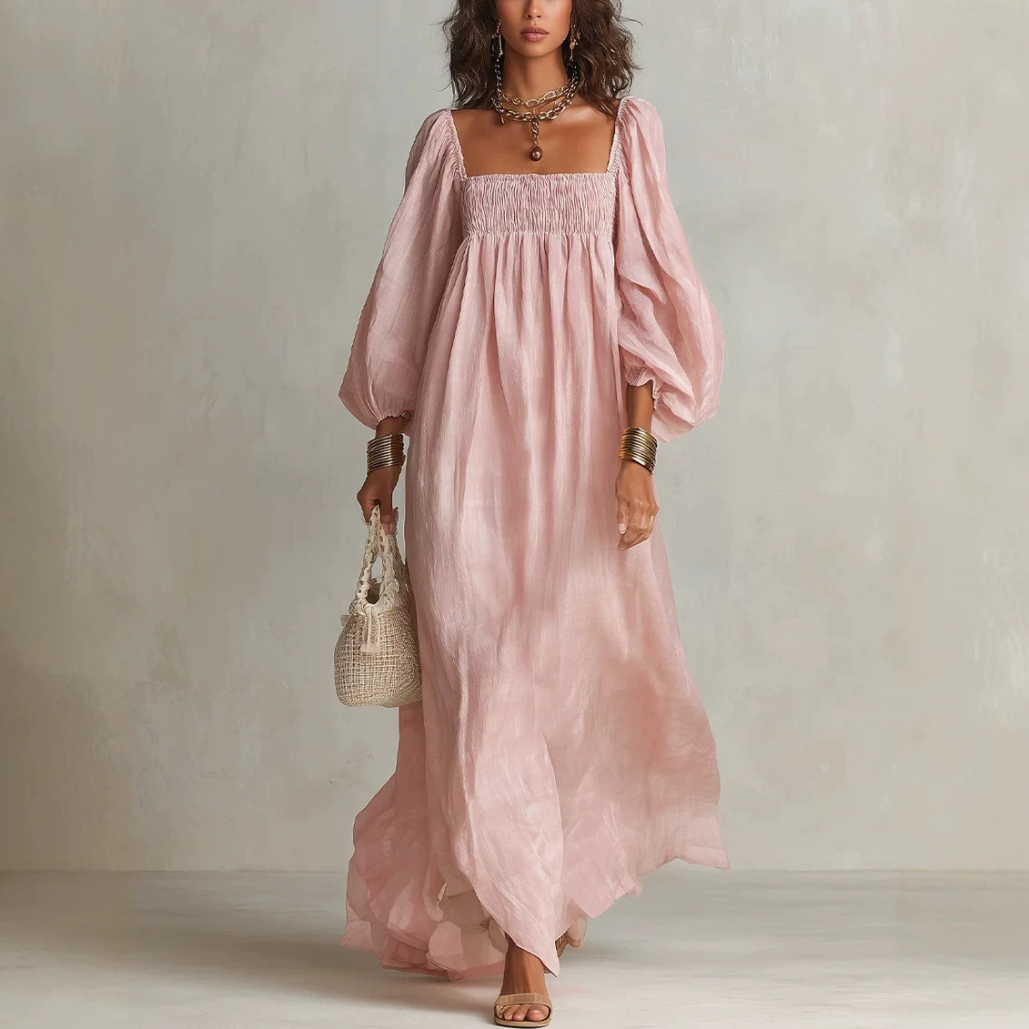 Elegant Square Neck Long Sleeve Loose Vacation Dress