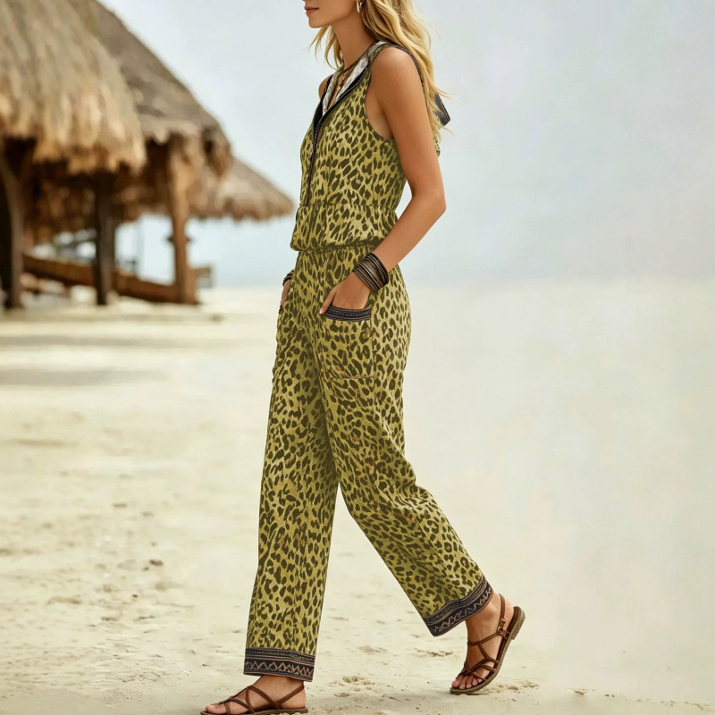 Plus Size Leopard Print Hooded Sleeveless Vest and Wide-Leg Pants Set