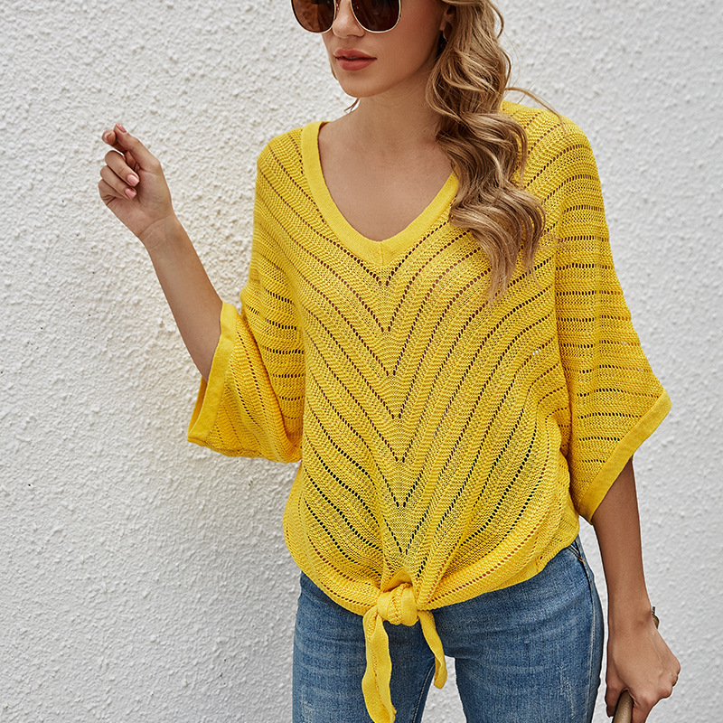 Women's V-Neck Short Sleeve Batwing Top Tie-Front Lightweight Hollow Knit
