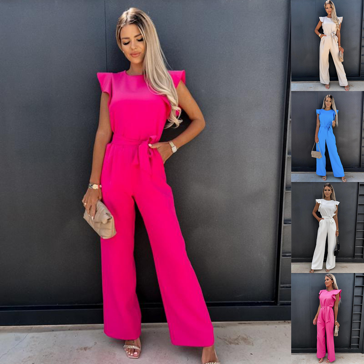 High-Waist Tie-Waist Solid Color Jumpsuit for Women