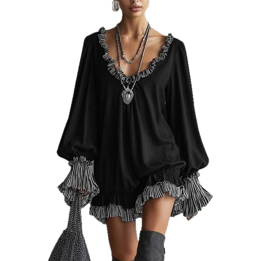 Black Ruffle-Trim A-Line Midi Dress Long Sleeve