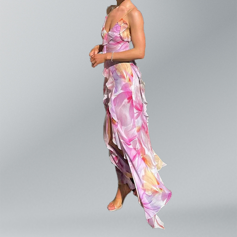 Elegant Floral Print Cami Dress with Ruffle Trim