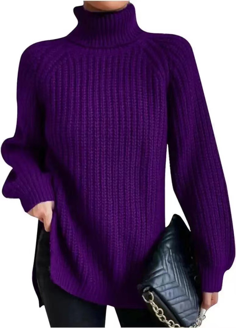 Women's High Neck Midi Knit Sweater with Raglan Sleeves and Side Slit