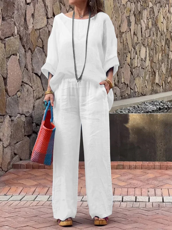 Women's Cotton-Linen Gradient Two-Piece Set with Nine-Tenths Sleeves