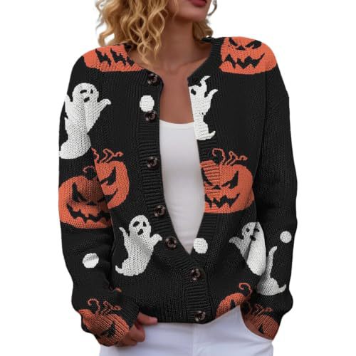Halloween Pumpkin Castle Print Faux Knit Cardigan for Women