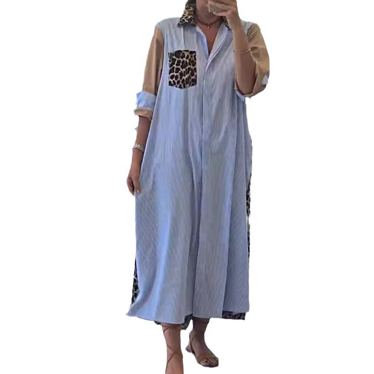 Leopard Print Striped Patchwork Shirt Dress Long Sleeve Blue