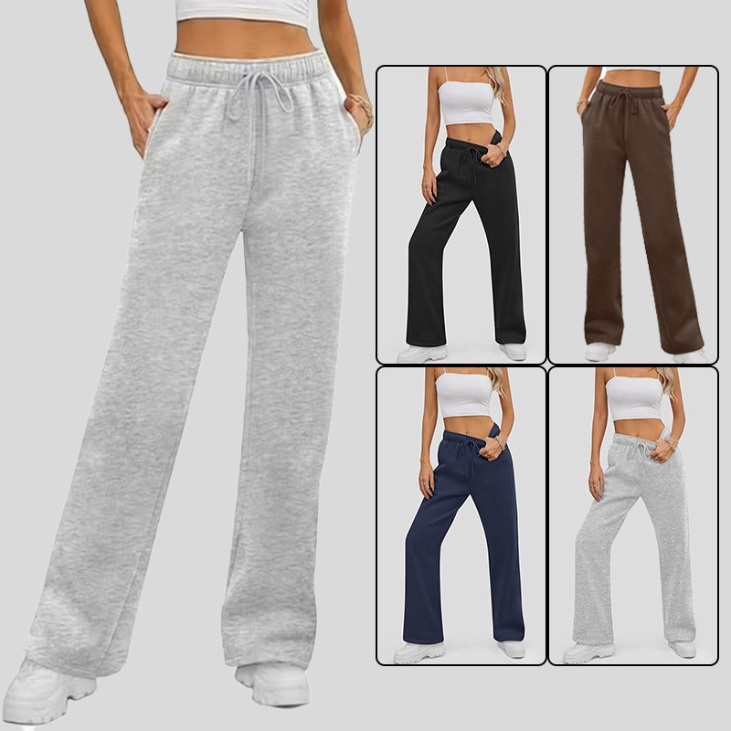 Fleece-Lined Straight-Leg Sweatpants for Women, Loose Casual Lounge Pants, Gray/Black